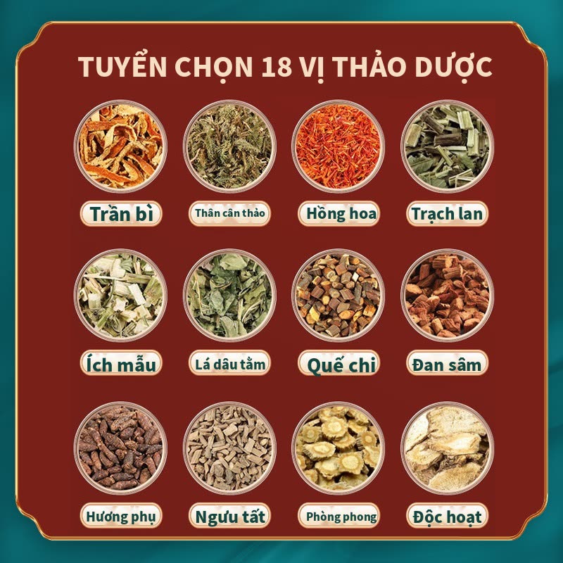 Tuyển chọn 18 vị thảo dược: trần bì, hồng hoa, quế chi, ích mẫu, ngưu tất, đan sâm…